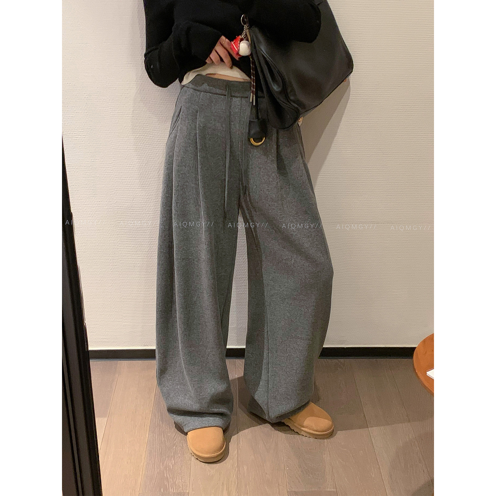 爱情魔鬼鱼 灰色抽绳高腰直筒休闲裤女2025秋冬新款宽松阔腿长裤,女装/女士精品,休闲裤,淘宝优惠券,粉丝福利购,淘宝优惠卷