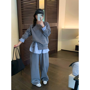 时尚 上衣阔腿长裤 格纹拼接套装 长袖 两件套 女2026春季 爱情魔鬼鱼