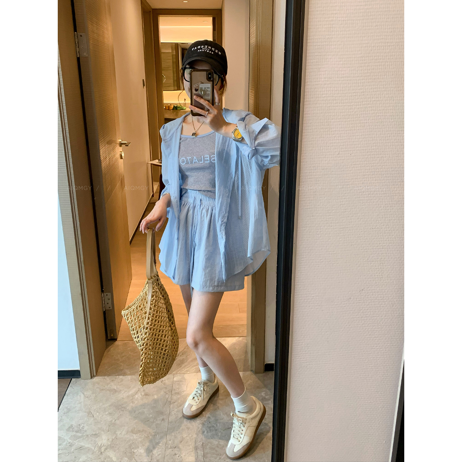 爱情魔鬼鱼 蓝色套装女2025夏季长袖防晒上衣吊带背心短裤三件套