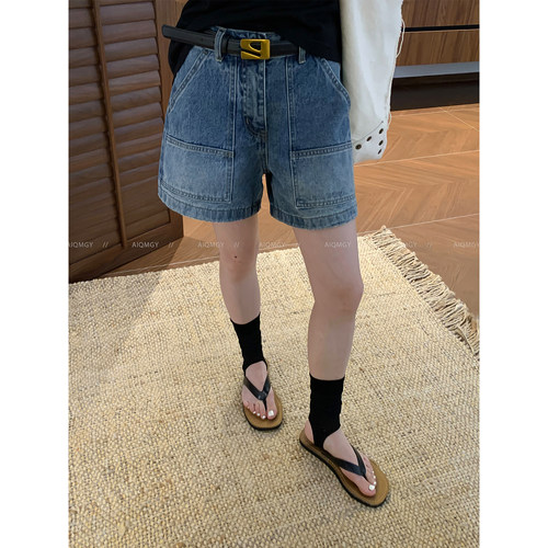 爱情魔鬼鱼 蓝色配腰带牛仔短裤女2026年夏季新款高腰直筒阔腿裤