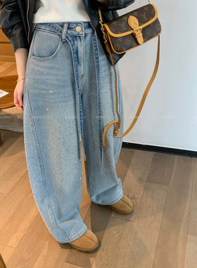 爱情魔鬼鱼 蓝色水洗系带亮片加绒牛仔裤女2026春季宽松阔腿长裤