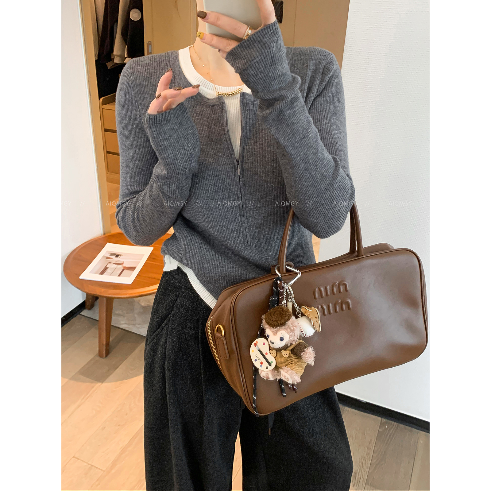 爱情魔鬼鱼 圆领拼接假两件针织衫女2025秋冬新款显瘦半拉链上衣