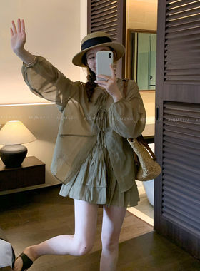 爱情魔鬼鱼 时尚套装女2026夏季新款长袖系带衬衫半身短裙两件套
