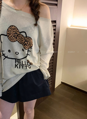 爱情魔鬼鱼 长袖斜领kitty卡通印花T恤女2026年春夏宽松显瘦上衣