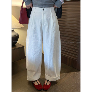 高腰宽松拖地长裤 爱情魔鬼鱼 新款 女2026春季 白色卷边休闲阔腿裤