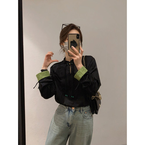 爱情魔鬼鱼 黑色新中式国风长袖衬衫女秋冬2025新款休闲立领上衣