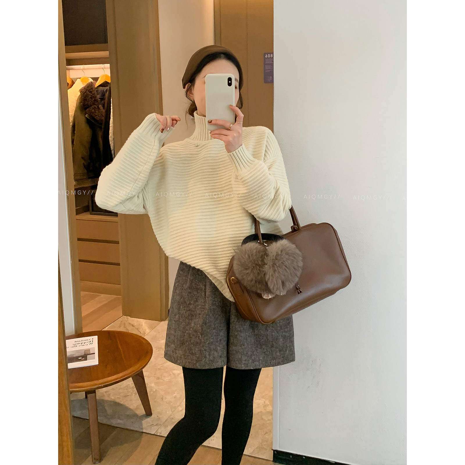 爱情魔鬼鱼 米白色坑条高领毛衣女2025冬季新款宽松套头针织上衣