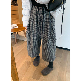 爱情魔鬼鱼 格子加绒保暖休闲裤女2025冬季新款高腰宽松阔腿裤子