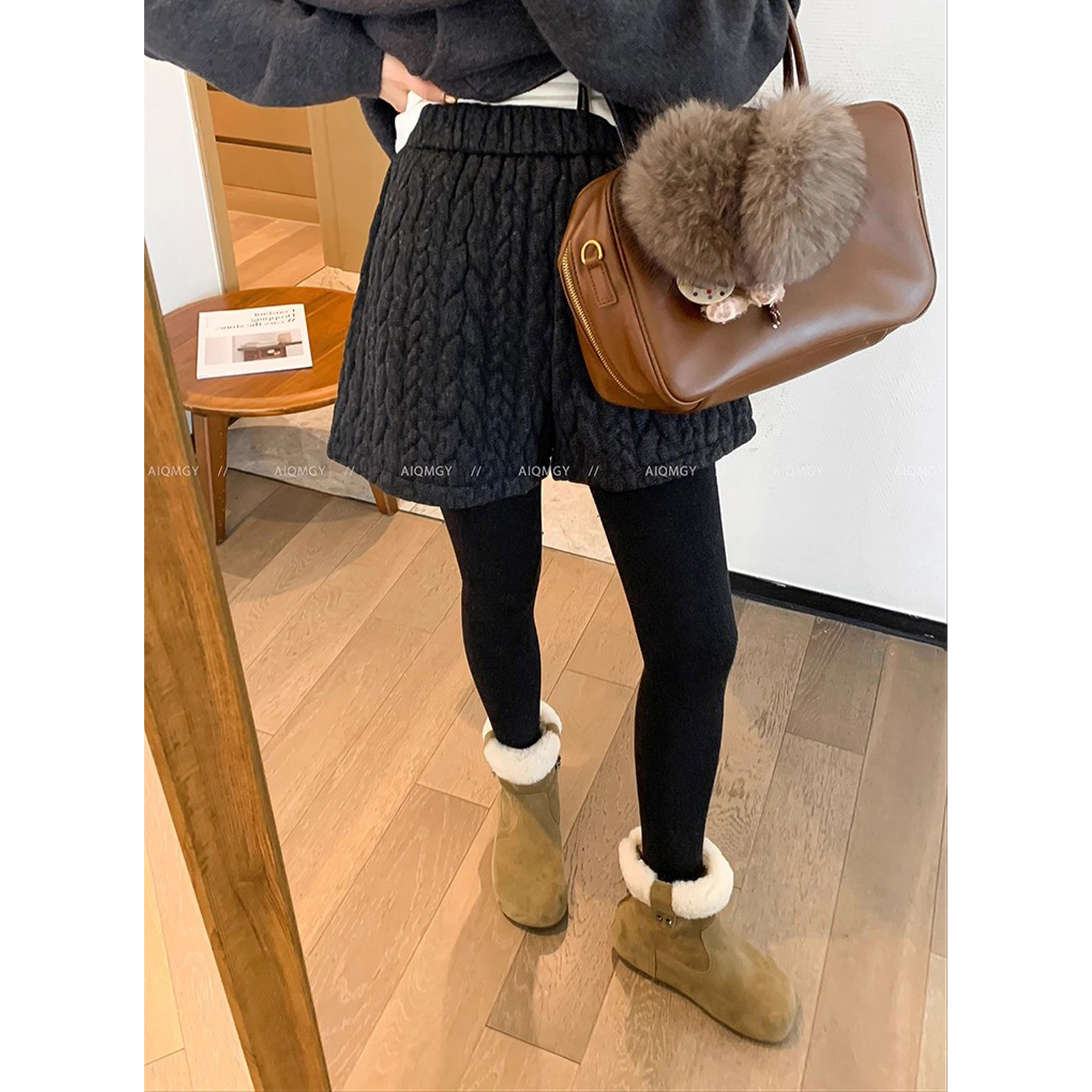 爱情魔鬼鱼 深灰色麻花针织短裤女2025冬季新款高腰百搭阔腿裤子