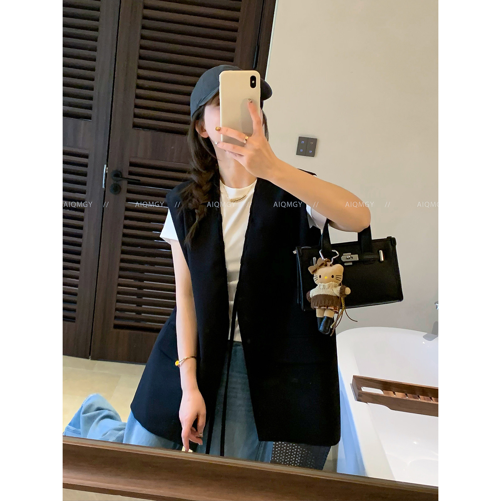 爱情魔鬼鱼 黑色V领中长款西装马甲女2026年春季新款外穿上衣外套