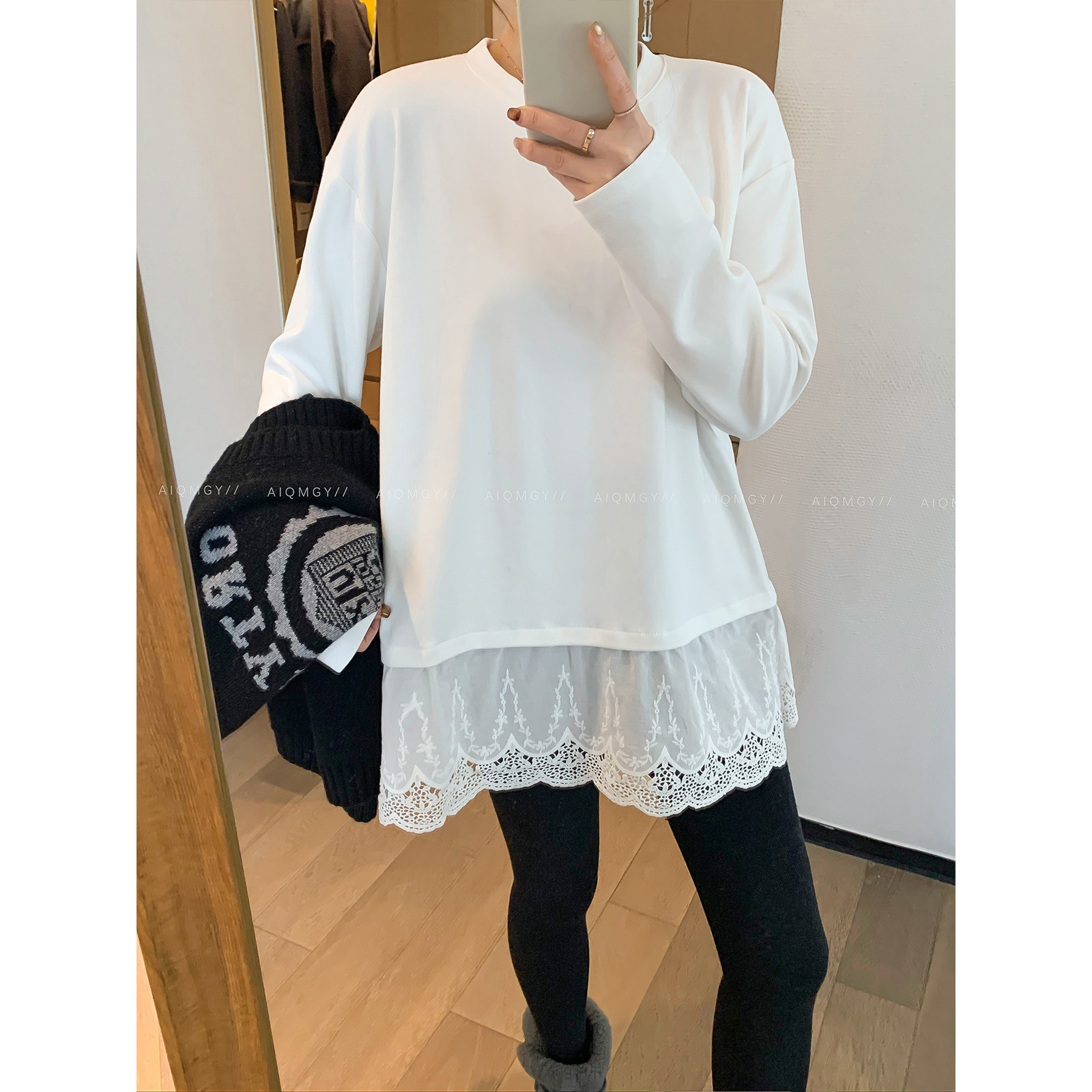爱情魔鬼鱼 白色长袖蕾丝拼接T恤女2025冬季新款时尚宽松百搭上衣,女装/女士精品,T恤,淘宝优惠券,粉丝福利购,淘宝优惠卷
