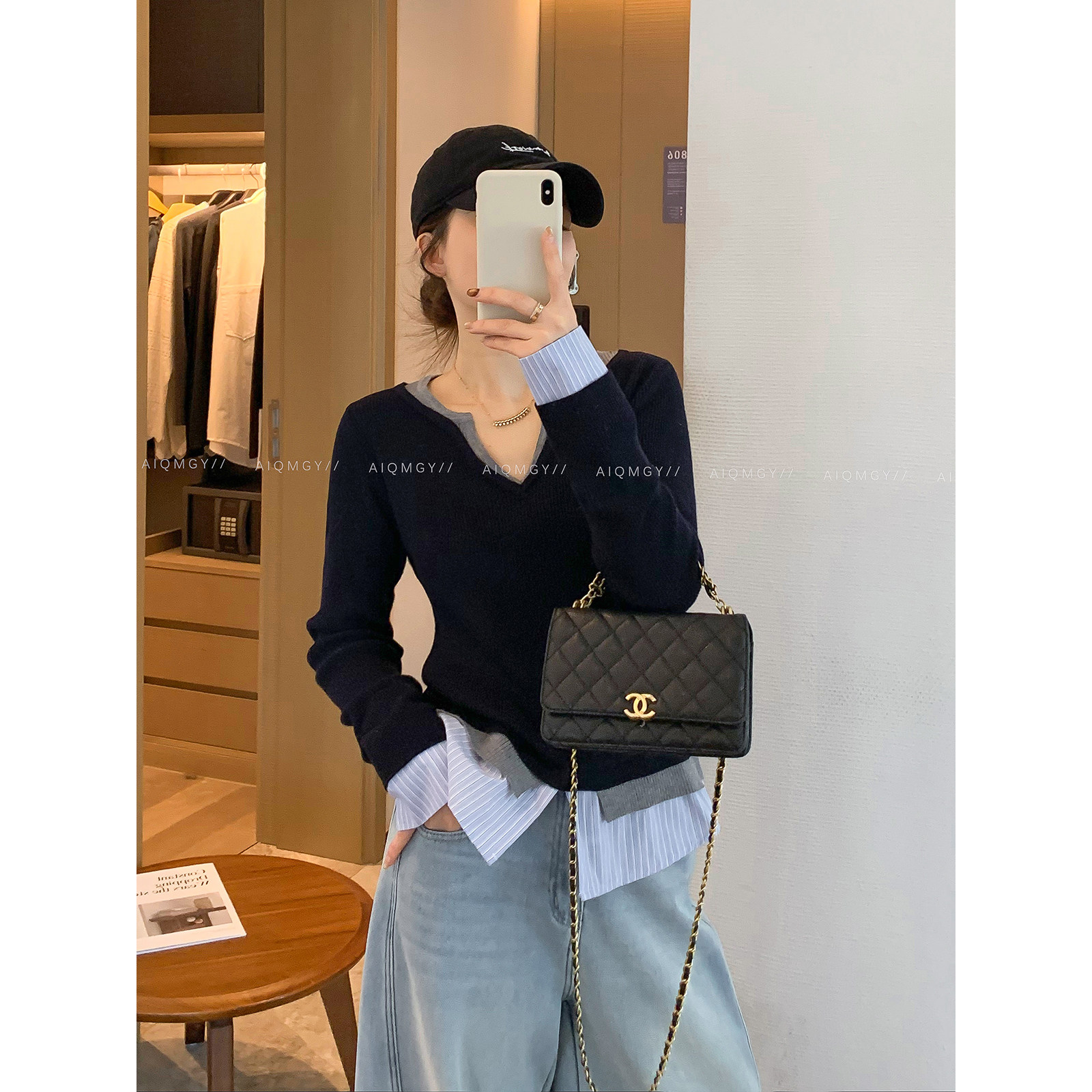 爱情魔鬼鱼 藏蓝色长袖V领假两件针织衫女2025年冬季新款修身上衣,女装/女士精品,毛针织衫,淘宝优惠券,粉丝福利购,淘宝优惠卷