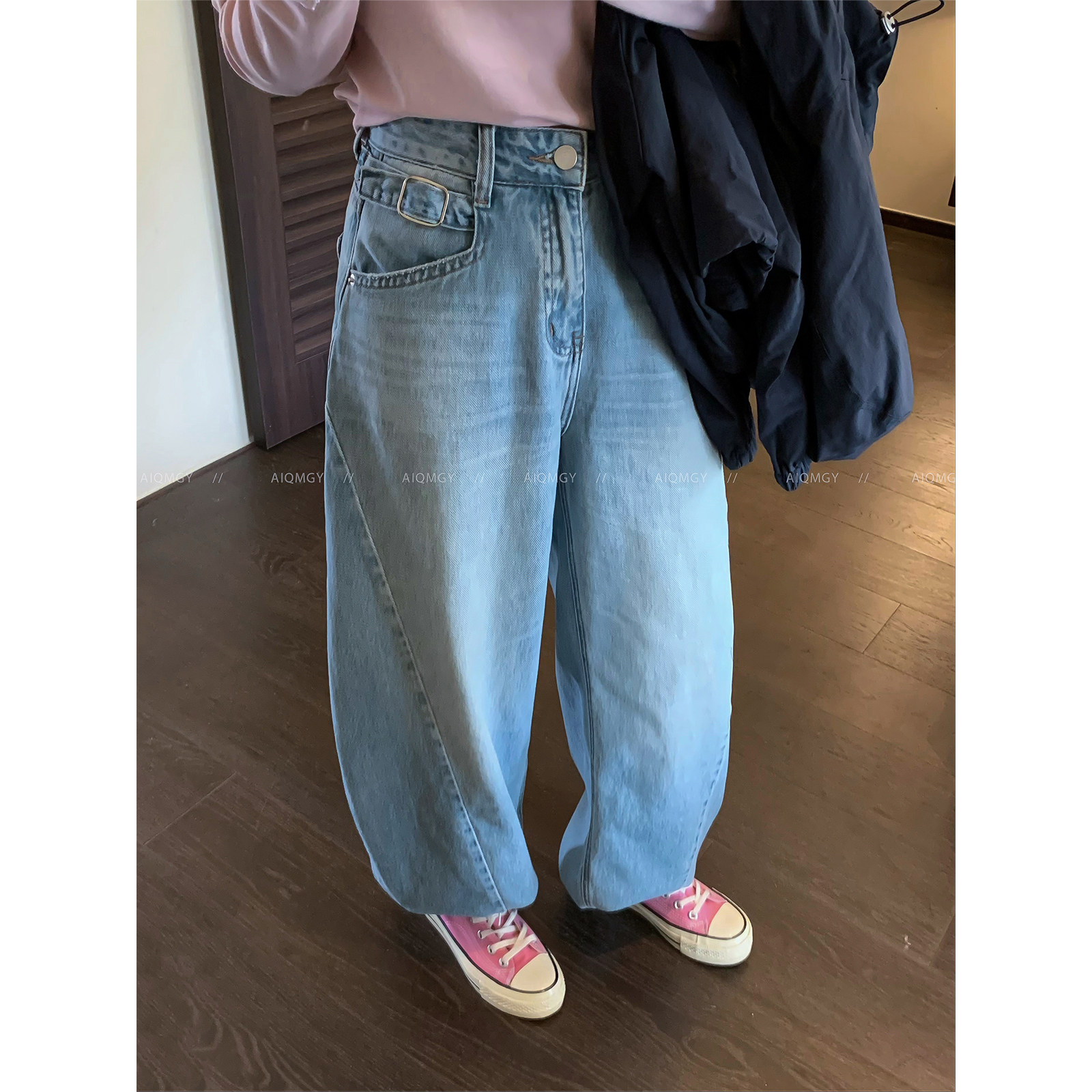 爱情魔鬼鱼 蓝色水洗阔腿牛仔裤女2026春季新款高腰宽松拖地长裤