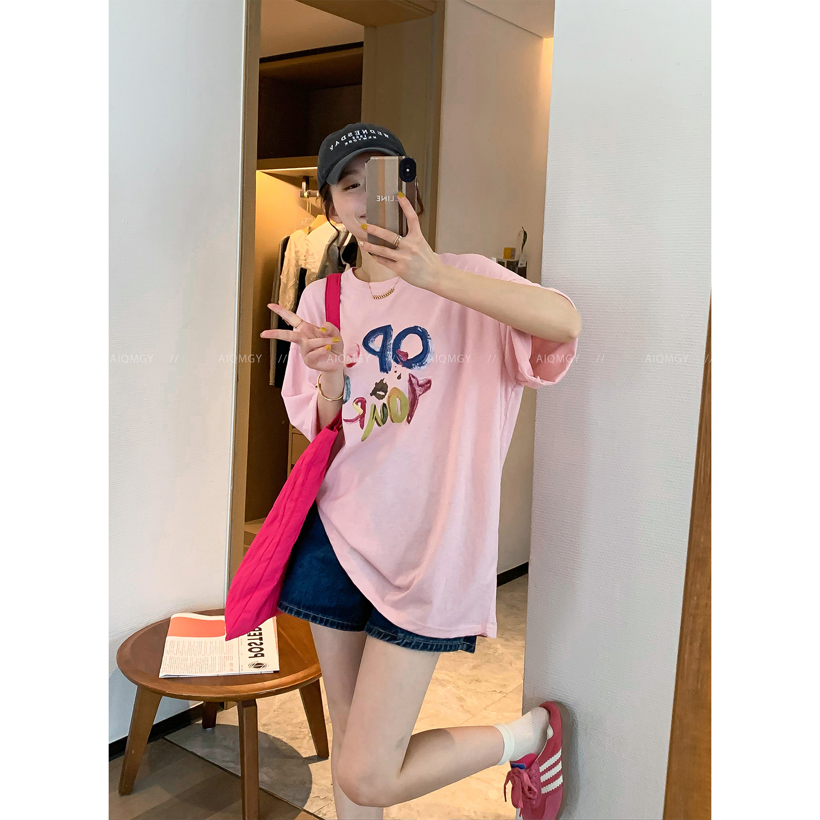 爱情魔鬼鱼 粉色圆领短袖字母印花T恤女2025夏季新款宽松百搭上衣