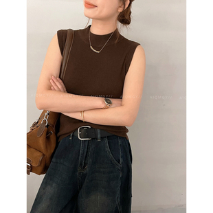 爱情魔鬼鱼 咖色半高领羊毛针织背心女2026春季新款显瘦内搭上衣