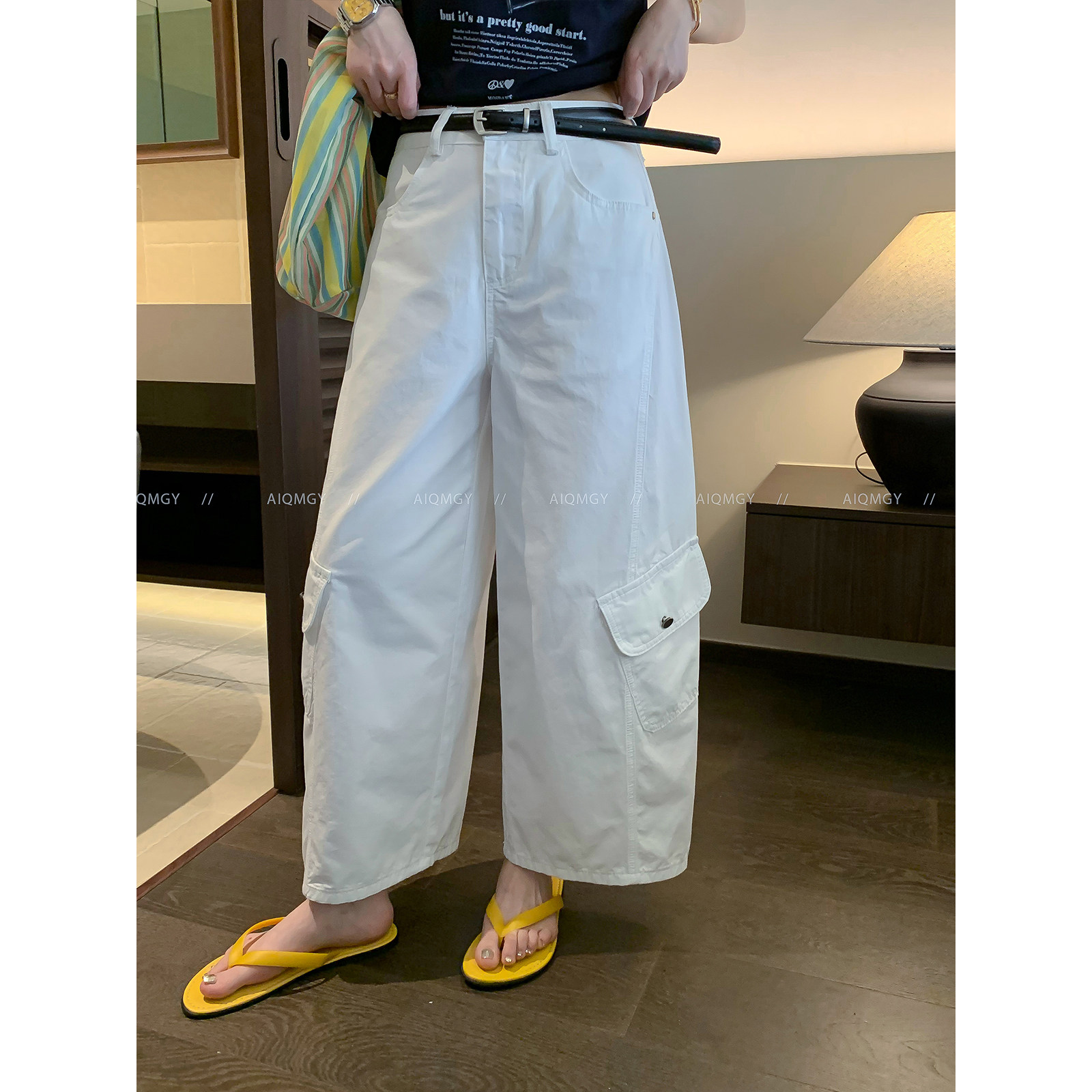 爱情魔鬼鱼 白色配腰带休闲工装裤女2026夏季新款宽松直筒阔腿裤