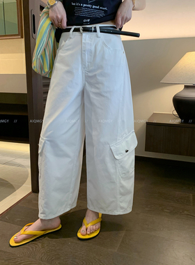 爱情魔鬼鱼 白色配腰带休闲工装裤女2026夏季新款宽松直筒阔腿裤