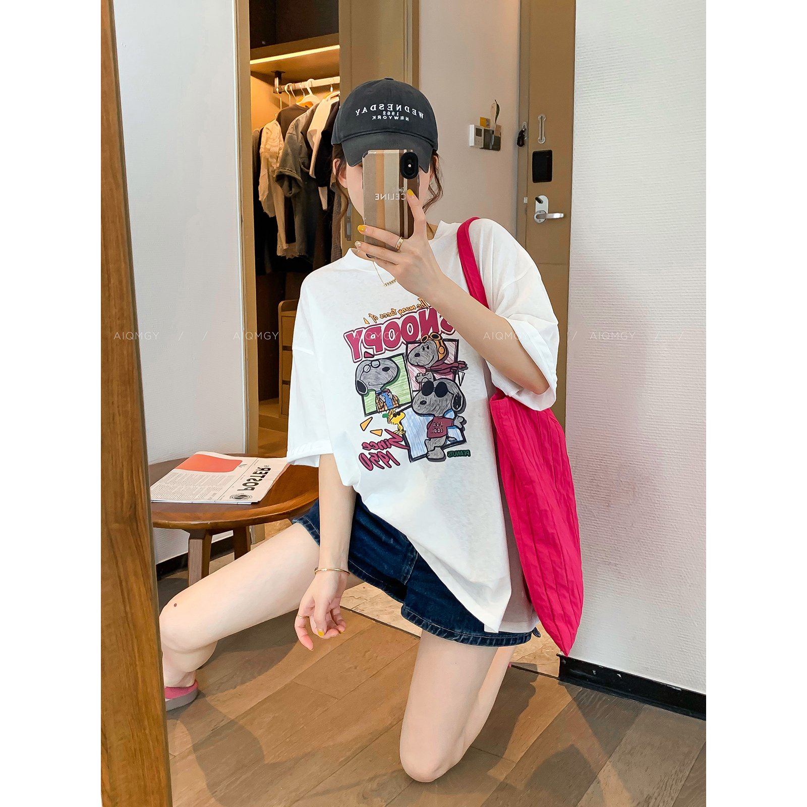 爱情魔鬼鱼 白色圆领短袖卡通字母印花T恤女2025夏季新款宽松上衣