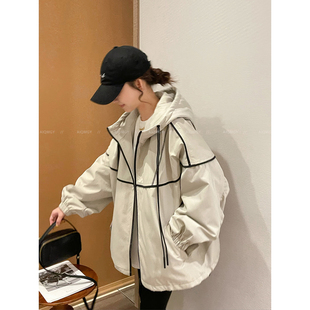 爱情魔鬼鱼 杏色高级感连帽冲锋衣女2025年秋冬夹棉宽松休闲外套