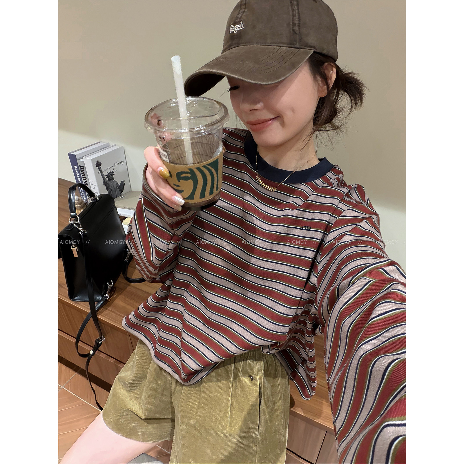 爱情魔鬼鱼 长袖圆领条纹T恤女2026秋冬新款宽松显瘦休闲百搭上衣