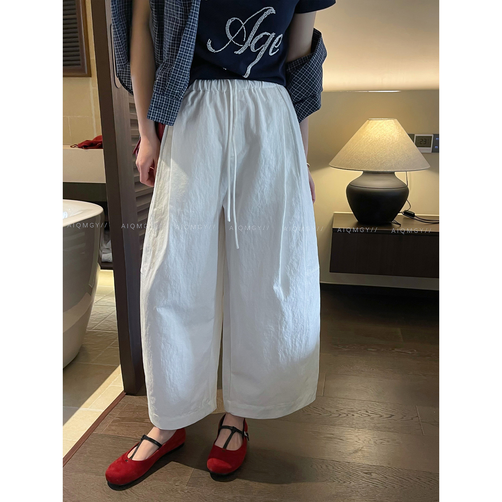 爱情魔鬼鱼 白色松紧腰系带休闲裤女2026春季新款高腰宽松阔腿裤