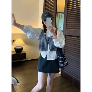 女2026春季 新款 长袖 爱情魔鬼鱼 短款 通勤套装 衬衫 背心两件套 时尚