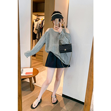 爱情魔鬼鱼 灰色长袖漏肩针织罩衫女2025夏季新款薄款竹节麻上衣