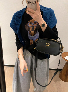 爱情魔鬼鱼 黑色圆领狗狗印花T恤女2025秋冬新款宽松显瘦百搭上衣