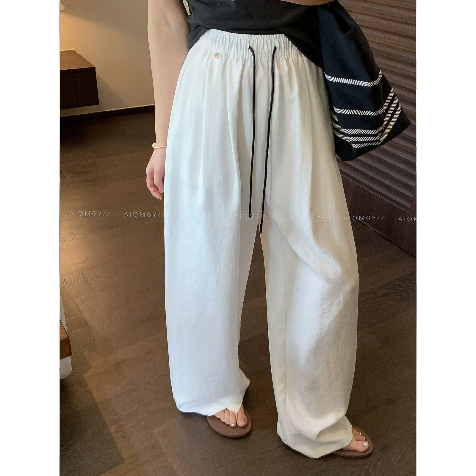 爱情魔鬼鱼 松紧腰抽绳休闲裤女2026夏季新款高腰宽松阔腿拖地裤