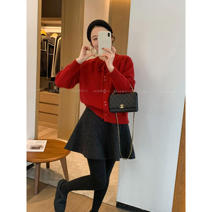 爱情魔鬼鱼 红色系带针织开衫女2025年冬季新款韩系时尚通勤上衣