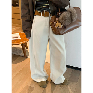 爱情魔鬼鱼 杏色配腰带加绒纯棉牛仔裤女2025冬季新款阔腿裤长裤