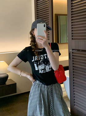 爱情魔鬼鱼 黑色圆领短袖字母印花T恤女2026夏季新款显瘦百搭上衣