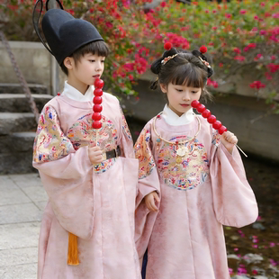 儿童明制汉服复原明制男童汉服女童圆领袍粉色拜年服春秋明制汉服