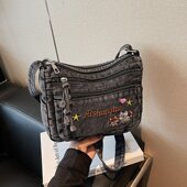 绣花2025年秋季 单肩包刺绣 斜挎包大号拉链牛仔布 新款 2026春季