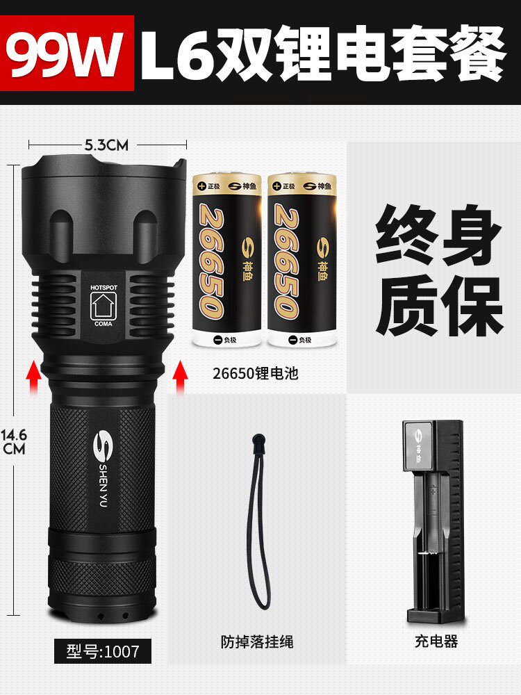 神鱼1007小型手电筒T6 L6强光充电多功能超亮远射户外家用led照明