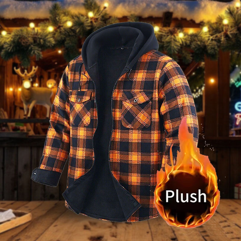 爆款2026保暖衬衫男款加绒格子长袖衬衫加厚连帽法兰绒抓绒衬衣男