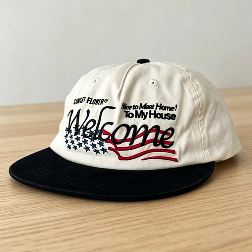 美式复古拼色平檐棒球帽男女Welcome国旗刺绣软顶鸭舌帽宽檐街头