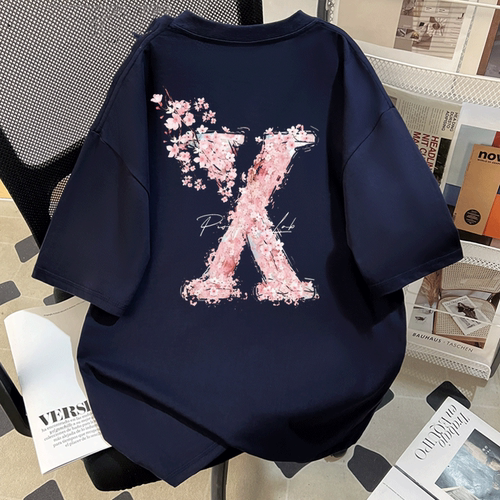 美式高街设计感樱花X印花短袖t恤男女夏季潮牌宽松半袖上衣打底衫