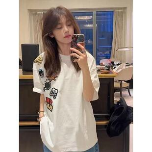 五分半袖 美式 ootd穿搭T恤情侣款 男女夏季 ins 纯色高街趣味印花短袖