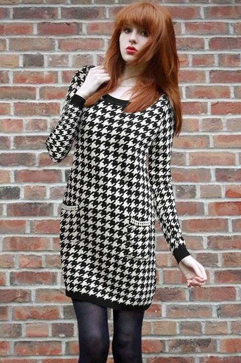 18春季小香风千鸟格圆领针织衫女中长款钉珠套头毛外套长袖格子衫