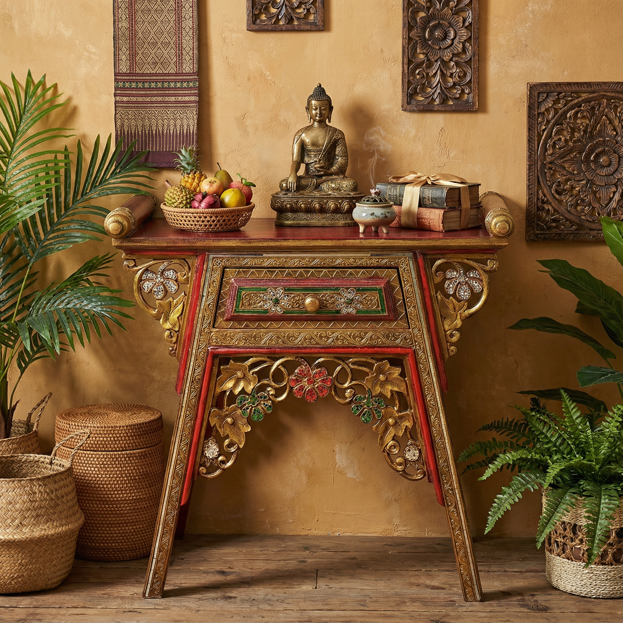 泰国进口实木金箔小供桌