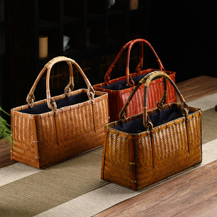 竹制品手工竹编茶道手提篮复古竹编包手提包茶具收纳包禅意手拎包