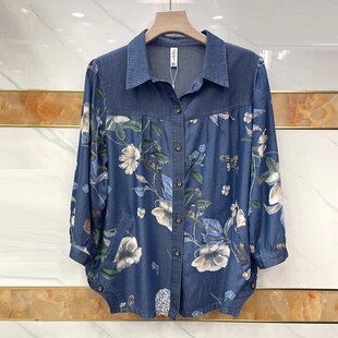 中年妈妈天丝软牛仔印花衬衫女夏季V领宽松休闲大码衬衣薄款外套