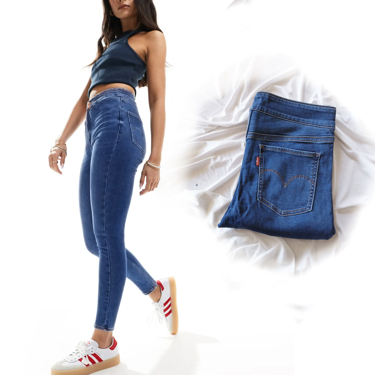 小李子毛圈针织牛仔大牌捡漏蓝色高弹力高腰小脚弹力牛仔裤