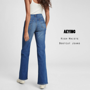 复古大高个弹力蓝色宽松喇叭牛仔裤 1件7折2件5折大码 美单ying春季