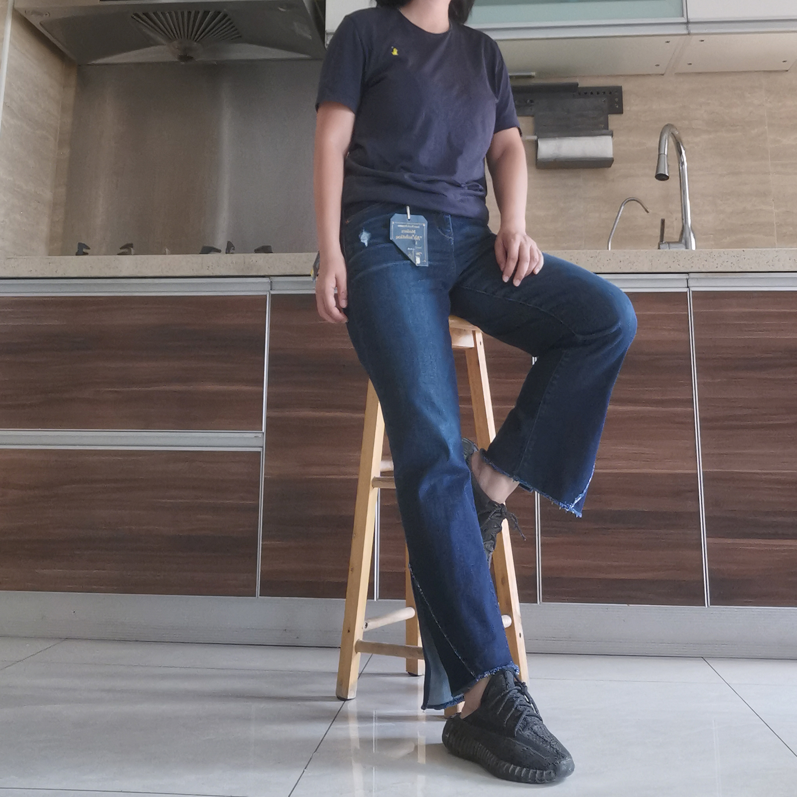 1111五折美单D家新款春秋蓝色高腰开叉拼接款磨痕破洞九分牛仔裤