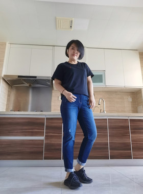 高腰弹力修身破洞小直筒翻边九分