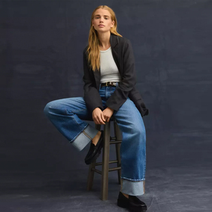 美单鹰蓝高腰蓝色复古翻边直筒宽腿大长腿微弹拖地立体剪裁牛仔裤