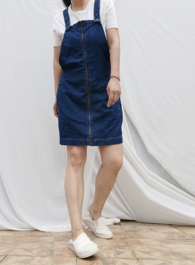 一件7折两件5折ying家背带裙蓝色大拉链无弹力春夏季牛仔裙