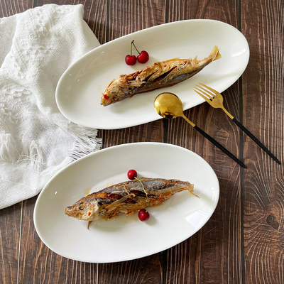 微瑕德化白瓷简约椭圆形陶瓷家用鱼盘菜盘长条蒸鱼盘餐馆摆菜盘子